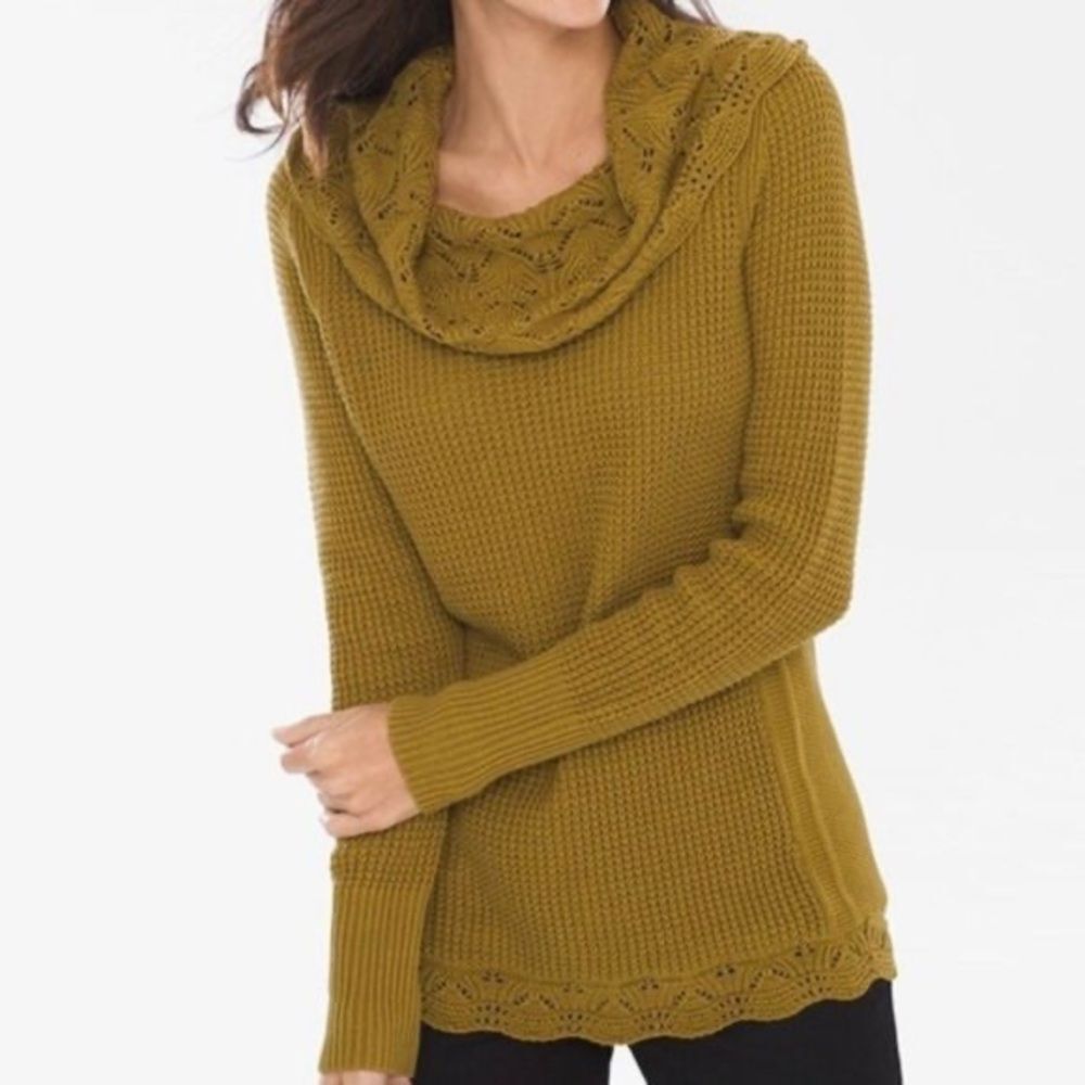NWT Chico’s Texture Lacework Cowl Neck Pullover Sweater Knitted olive color Sz L